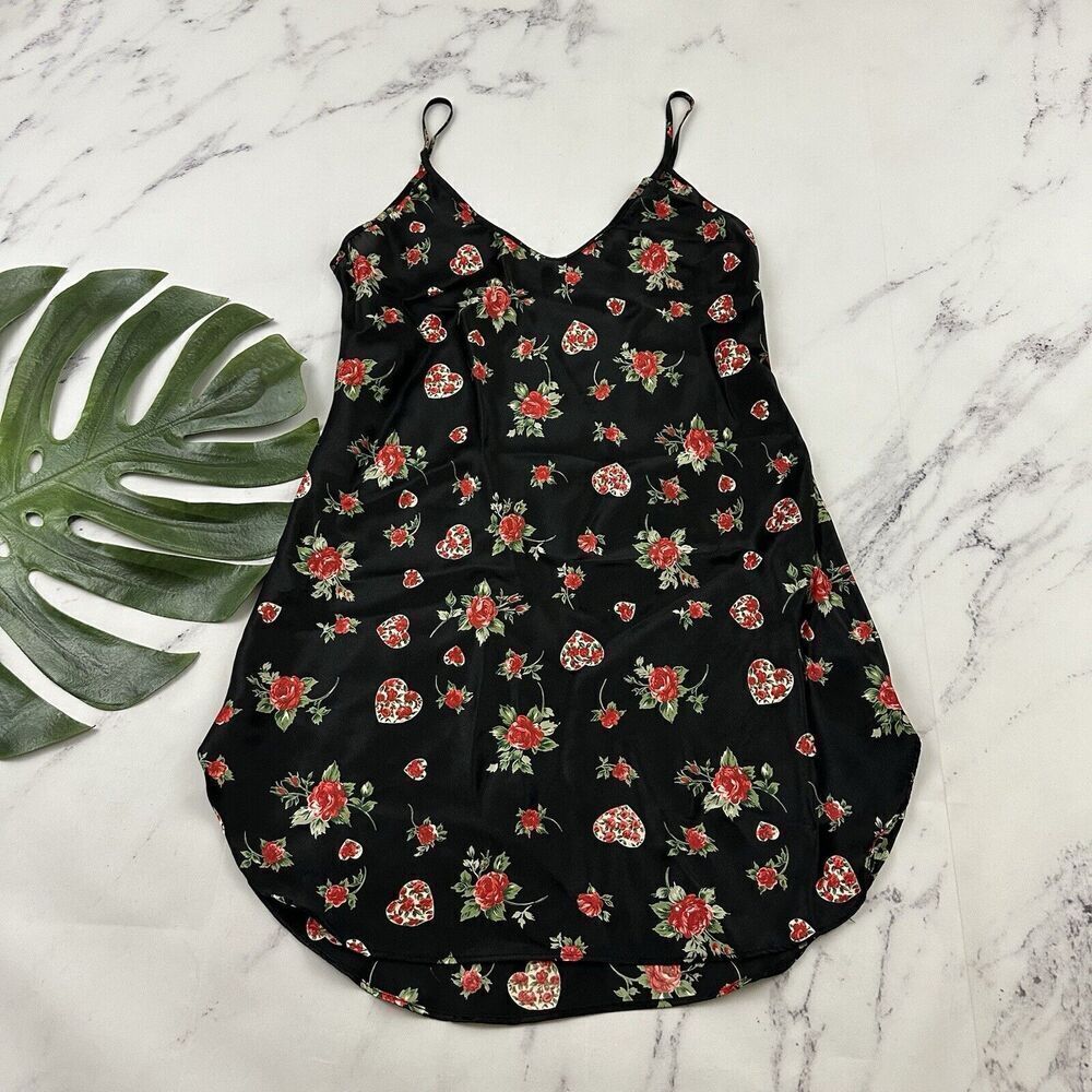 Partners Womens Vintage 90s Slip Mini Dress Size M Black Red Roses Hearts Satin